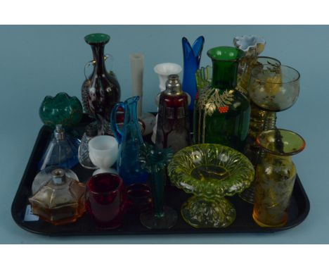 Mixed coloured glassware including hock glasses, Bohemian ruby glass and Art Deco scent bottles etc