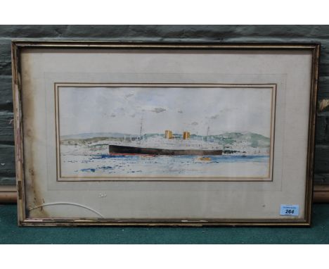 A framed watercolour sketch of 'An Orient Line Ship in Wellington Harbour' in the manner of Charles Dixon, 18cm x 42cm