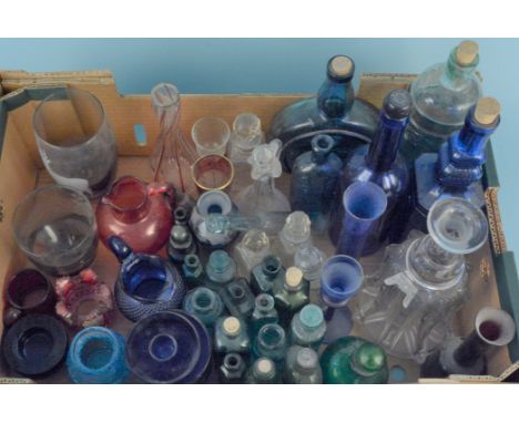 A box of mixed coloured glassware including two Art Glass vases etched with owl and deer, Bristol blue, cranberry and green m