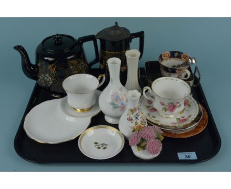 A Victorian black commemorative teapot and hot water jug, a Royal Albert Chrysanthemum pattern cup and saucer and Chrysanthem