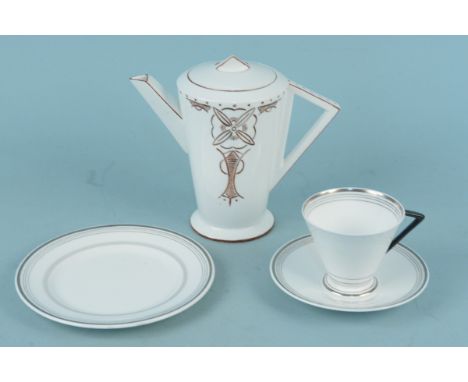 An Art Deco period Shelley lidded coffee pot, 16cm tall plus a Shelley Art Deco trio (no damage noted)