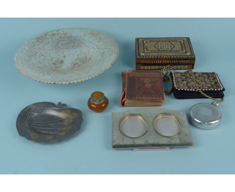 A mixed lot including a silver plated fruit dish, a pewter peacock dish, an inlaid box, plated flask, amber glass scent bottl