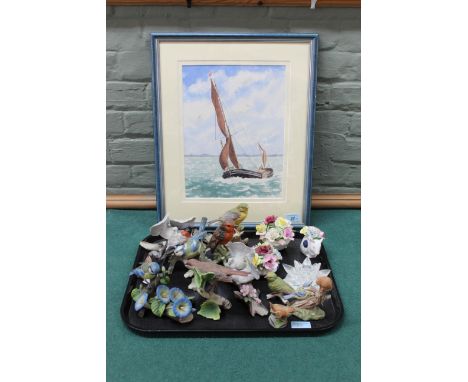 A collection of twelve porcelain birds by Goebel, Royal Worcester etc plus a framed watercolour of a Dutch barge signed Pam P