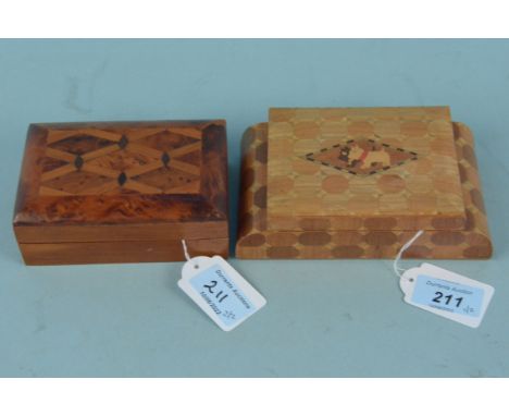 An Art Deco Tunbridge ware cigarette box decorated with Scottie dogs, 14.5cm long plus an inlaid lid cigarette box