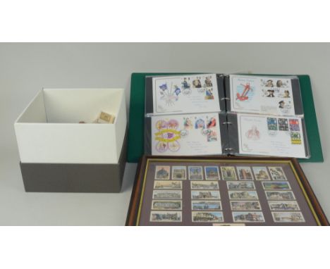 Framed historic East Anglia Lamberts tea cards plus an album of first day covers and a box of collectors match boxes