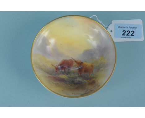 H Stinton Royal Worcester Highland Cattle decorated pedestal small dish, 11cm diameter (light wear to gilding, crazing to gla