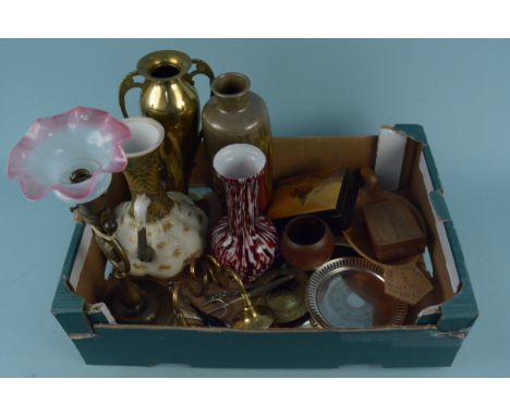 A mixed lot of items including brass and plated ware, two wooden boxes, coloured glass vases, an Art Nouveau glass vase and a