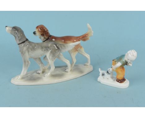 A vintage Hertwig porcelain pair of setter dogs, 24cm at base plus a Katzhutte Art Deco figurine of a boy and dog (no damage 