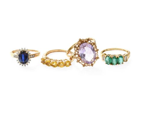 Four 9 Carat Gold Multi-Gem Set Rings, comprising amethyst, kyanite and two beryl examplesGross weight 10.6 grams.