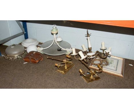 Various Light Fittings and Shades etc., including a glass and metal twin-light wall applique, various frosted floriform shade