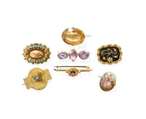 Seven Brooches, of varying designs, including an amethyst example, a citrine example, a split pearl example, a turquoise exam