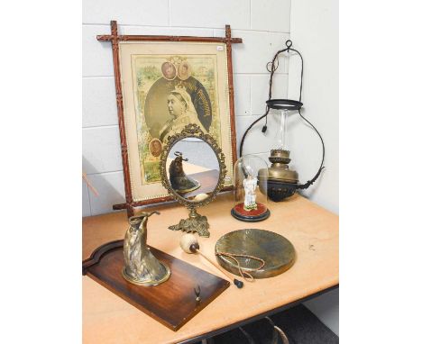 A Hanging Oil Lamp, (converted), together with a free standing metal framed dressing mirror, a Victorian advertising poster, 