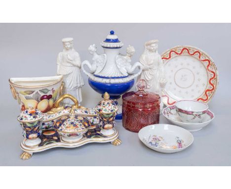 A Collection of 18th and 19th Century Ceramics and Glass, including a Qianlong saucer painted in coloured enamels with figure