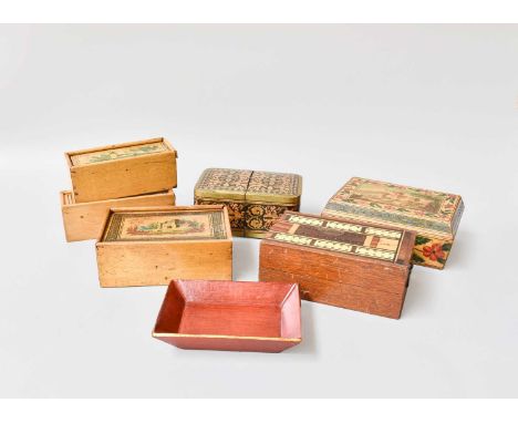 A Collection of 19th Century Painted Sewing Boxes, Cribbage Box, etc (qty)