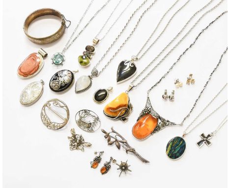 A Quantity of Silver/White Metal Jewellery, comprising of an amber necklace; an amber pendant on chain; a pair of amber drop 