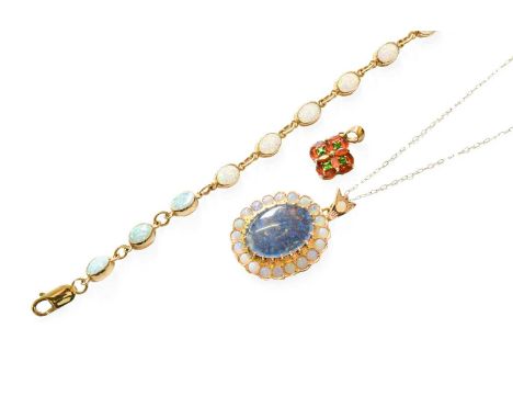 A 9 Carat Gold Synthetic Opal Bracelet, length 20.8cm; A 9 Carat Gold Fire Opal and Green Stone Pendant, length 2.2cm; and An