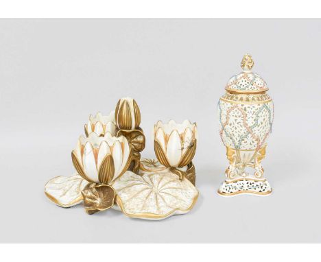 A Royal Worcester Poreclain Lily Pad Centrepiece, in gold and cream highlights, circa 1884, Royal Worcester Printed Green Sta