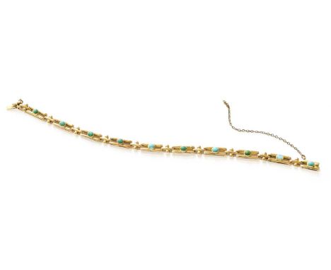 A Turquoise Bracelet, ten gate links with oval cabochon turquoise centrally, length 19.2cm (a.f.)Stamped '15'. Gross weight 9
