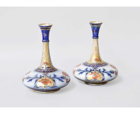 A Pair of James Macintyre &amp; Co Pottery Bottle Vases, decorted in art nouveau style with poppies (2)Wear to gilding on nec