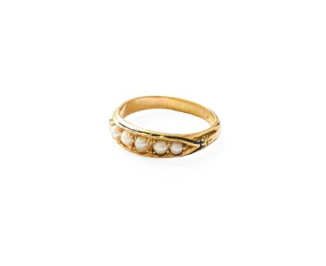 An 18 Carat Gold Split Pearl Ring, five split pearls in yellow claw settings, with a black enamel border, to a plain polished
