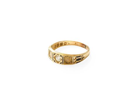 An 18 Carat Gold Split Pearl, Enamel and Diamond Ring, an old cut diamond flanked by a split pearl to each side, with black e