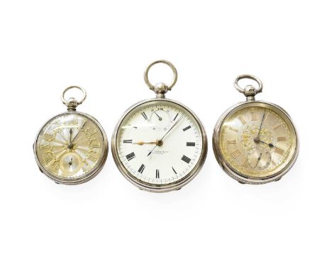 Two Silver Open Faced Pocket Watches and a Silver Chronograph Pocket Watch with reserve power indication, retailed by Thos Ru