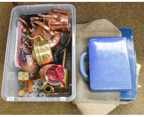 A Collection of 19th Century and Later Brass and Copper, including kettles, scales, spit jack, desk set items, together with 