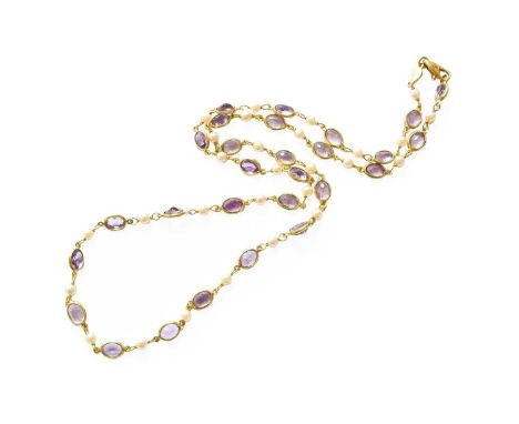 An 18 Carat Gold Amethyst and Cultured Pearl Necklace, round cut amethysts in yellow spectacle settings, spaced by chain link