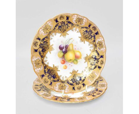 A Near Pair of Royal Worcester Porcelain Plates, 1918, by Albert Shuck, painted with fruit under wide gilt and cobalt blue bo