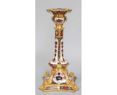 A Royal Crown Derby Porcelain Table Candlestick, on dolphin moulded pedestal, decorated with Imari pattern 1128, 26cmIn good 