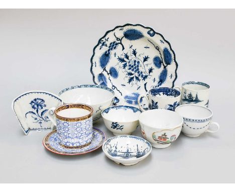 A Collection of Mainly 18th Century English Porcelain, including a Worcester fluted plate, painted in underglaze blue with fr