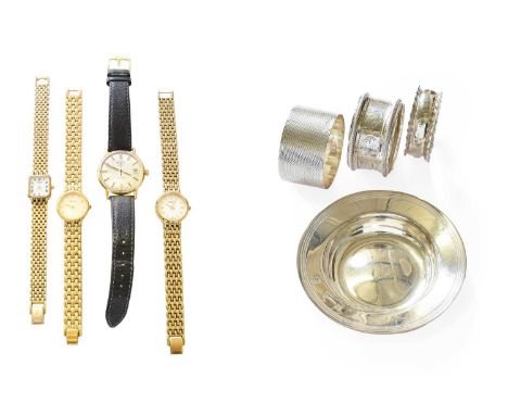 A Lady's Plated Tissot Quartz Wristwatch, with Tissot box, two ladys Rotary Quartz wristwatches, small silver dish and three 