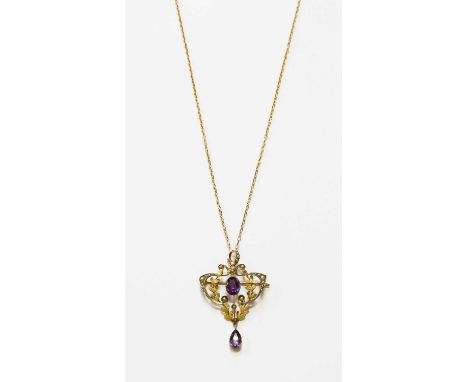 An Amethyst and Split Pearl Brooch/Pendant on Chain, length 4.8cm, chain length 45.5cmAmethyst brooch/pendant stamped '9C - 4