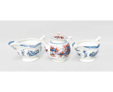 A Near Pair of Worcester Porcelain Sauceboats, circa 1770, painted in underglaze blue with the "Strap Fluted Floral" pattern,