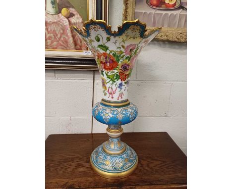 A Large Pair of French Opaline Glass Vases, late 19th century, with castelated rims, each enamelled with a continual band of 