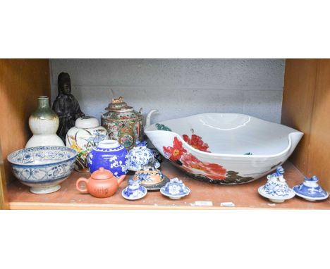 Assorted Asian Art, 19th century and later, including a Cantonese Famille rose teapot, small Yixing teapot, various blue and 