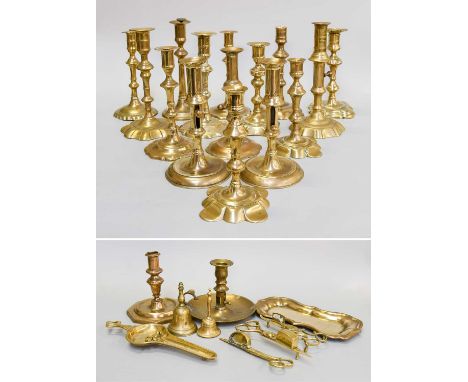 A 17th Century Brass Candlestick, the balustroid pedestal over an octagonal foot, together with three pairs of 18th century e
