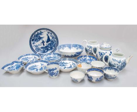 A Collection of Worcester Porcelain, circa 1770s/80s, mainly teawares, printed in underglaze blue, including "Cormorant Fishe