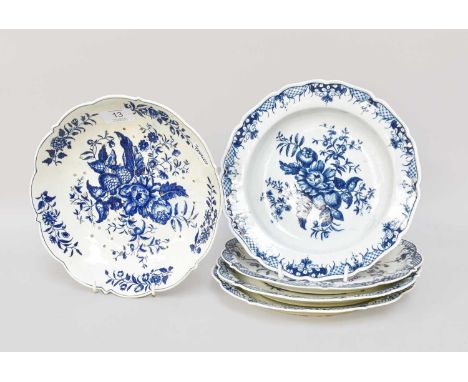A Worcester Porcelain Strawberry Dish, circa 1770-80, printed in underglaze blue with the "Pinecone" pattern, together with t