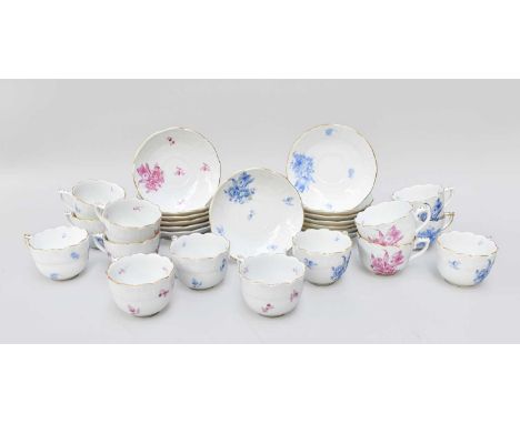 Herend Porcelain Coffee Cups and Saucers, comprising: six in monochrome puce with ozier moulding and eight in blue