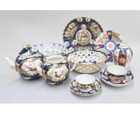 A Samson Porcelain Basket, 19th century, after Worcester, scale blue ground and painted in coloured enamels with an exotic bi