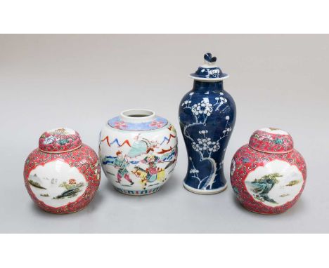 A Pair of Chinese Porcelain Ginger Jars and Covers, Republic period, ruby ground and painted in reserves with landscapes, pri