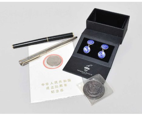 A Tiffany &amp; Co Silver Ballpoint Pen, Sheaffer fountain pen, pair of modern silver and blue enamel cufflinks in box, 1887 