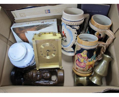 Satchels, steins, clock, Royalty, publications, etc: One Box, Heavy duty wheel stop.