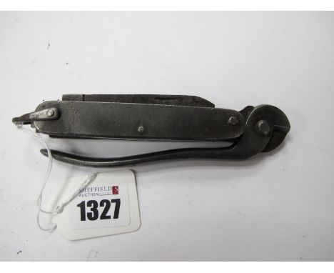 Military Style Pocket Knife, no markings, one blade, saw, tin opener and wire cutters, lanyard ring.