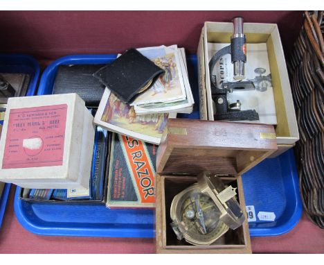 A Brass Compass, 'The Wey Mark' 3" fishing reel, Rols Razor, Steadler drawing set, Steadler pencil leads, Merit microscope, b