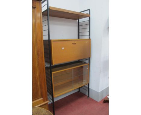 Teak Ladderax Style Lounge Unit, comprising book section with glazed doors, 89cm wide, fall front bureau, shelf and metal sup