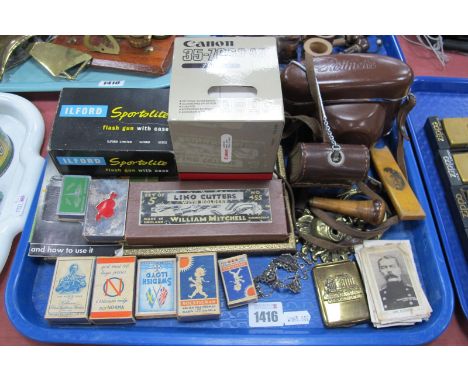 Canon FD 35-70 3.5-4.5 Lens, Retinette cameras, Silver Marcasite necklace, trade cards, brass door knocker, match boxes, etc: