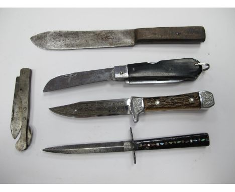 Bowie Knife Etched Blade, embossed cross guard 21cm, unnamed, one blade, saw, spike and screw driver, lanyard ring 12cm close