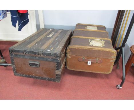 Iron Bound Travelling Trunk, with wooden slat enforcers, another with leather handles. (2).                            